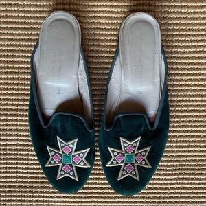 Stubbs and Wootton Green Velvet Mules • Size 7.5